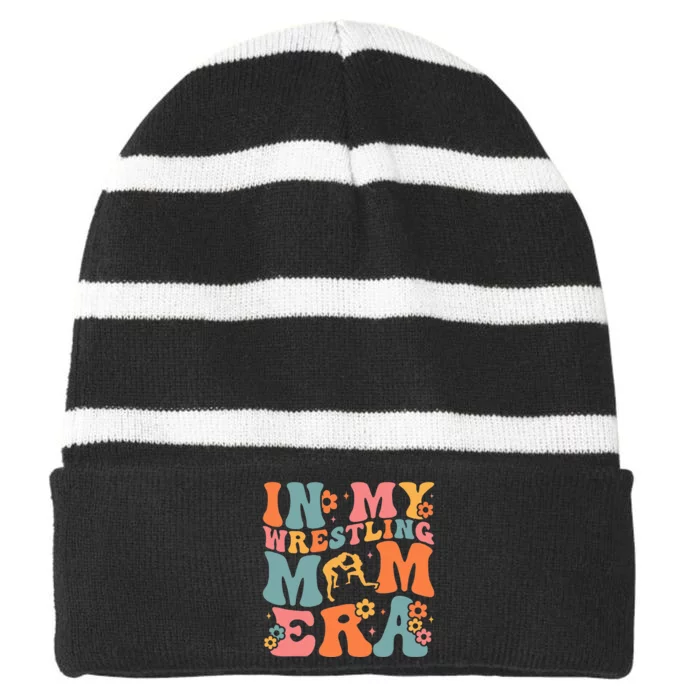 In My Wrestling Mom Era Mama Mothers Day Striped Beanie with Solid Band