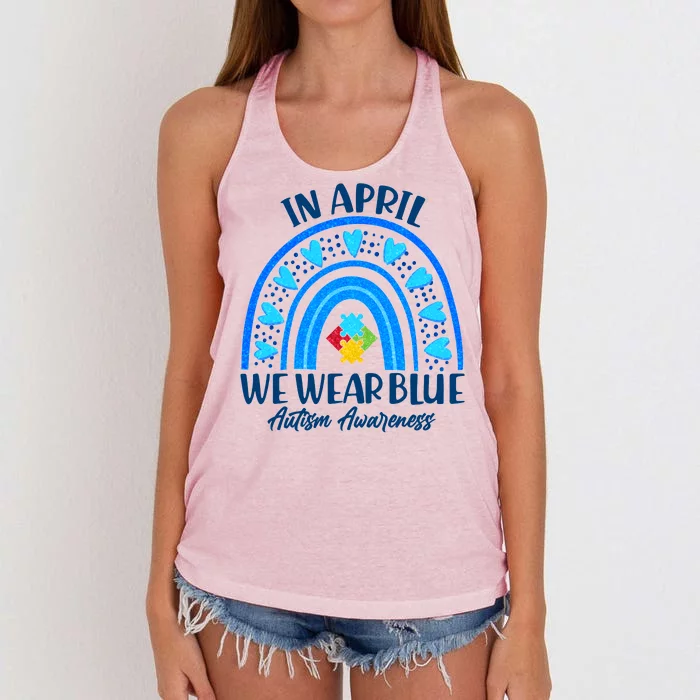 In April We Wear Blue Autism Awareness Women's Knotted Racerback Tank