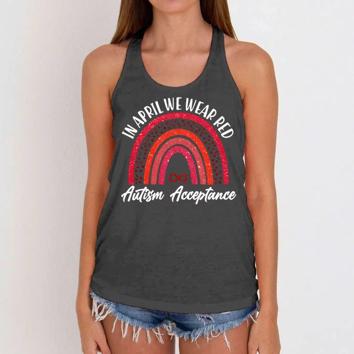 In April We Wear Red Autism Acceptance Red Rainbow Women's Knotted Racerback Tank