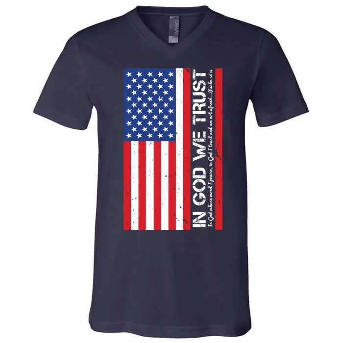 In God We Trust Psalm 56:4 US Flag V-Neck T-Shirt