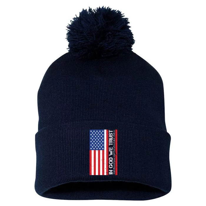 In God We Trust Psalm 56:4 US Flag Pom Pom 12in Knit Beanie