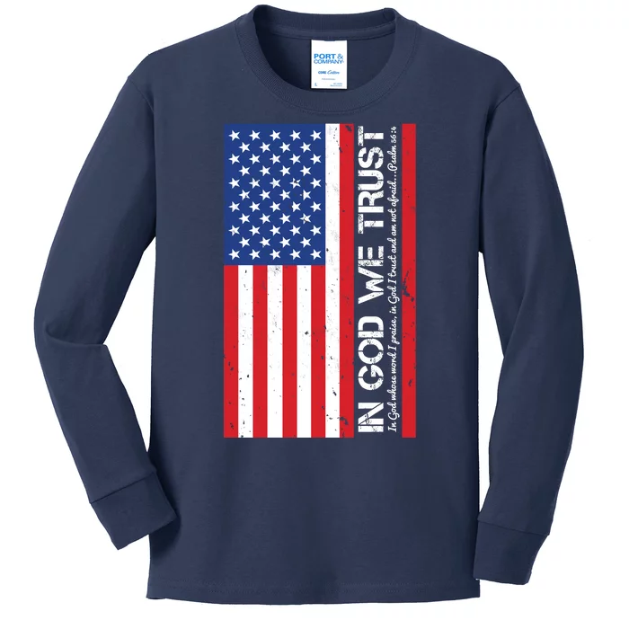 In God We Trust Psalm 56:4 US Flag Kids Long Sleeve Shirt