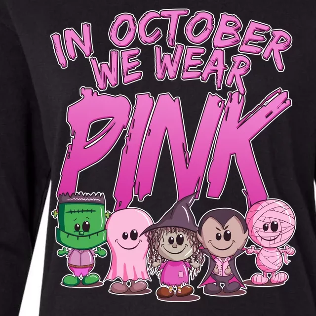 In October We Wear Pink Breast Cancer Halloween Monsters Womens Cotton Relaxed Long Sleeve T-Shirt