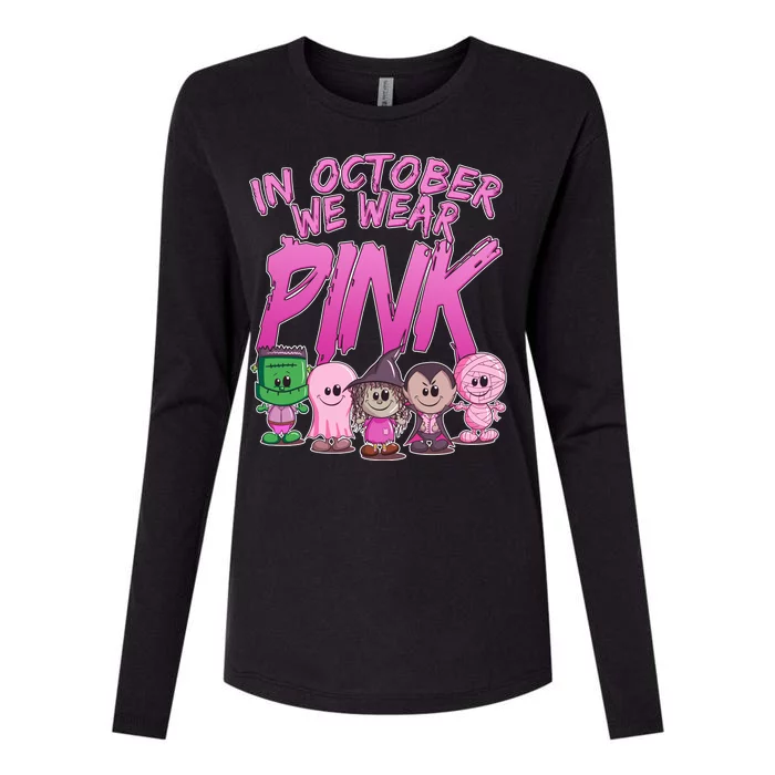 In October We Wear Pink Breast Cancer Halloween Monsters Womens Cotton Relaxed Long Sleeve T-Shirt