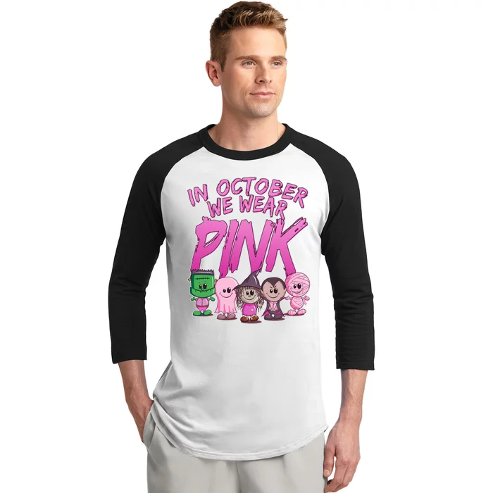 In October We Wear Pink Breast Cancer Halloween Monsters Baseball Sleeve Shirt