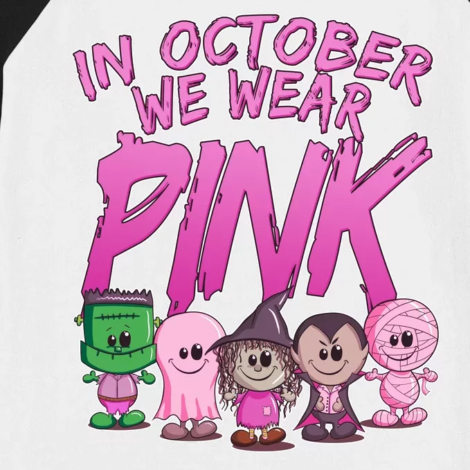 In October We Wear Pink Breast Cancer Halloween Monsters Baseball Sleeve Shirt