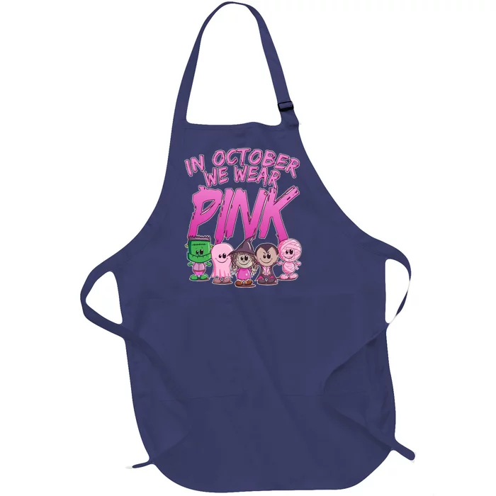 In October We Wear Pink Breast Cancer Halloween Monsters Full-Length Apron With Pocket