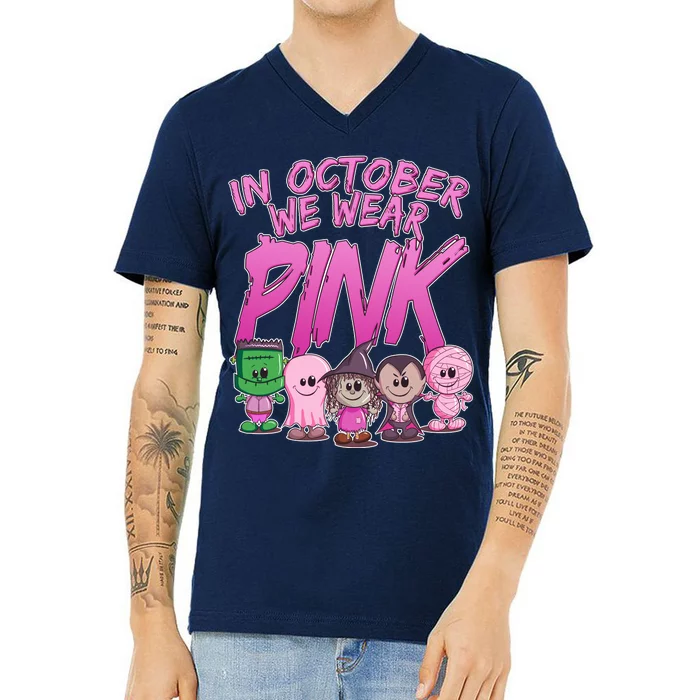 In October We Wear Pink Breast Cancer Halloween Monsters V-Neck T-Shirt