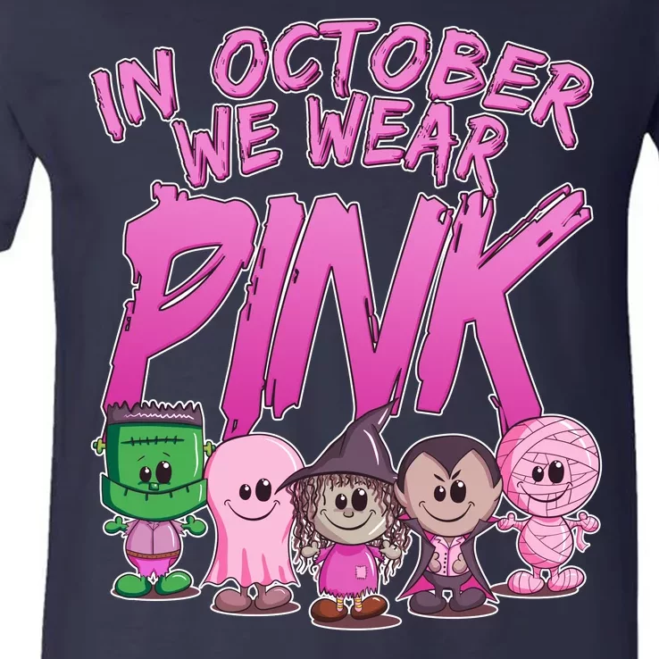 In October We Wear Pink Breast Cancer Halloween Monsters V-Neck T-Shirt