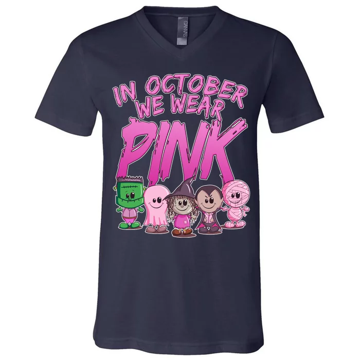 In October We Wear Pink Breast Cancer Halloween Monsters V-Neck T-Shirt