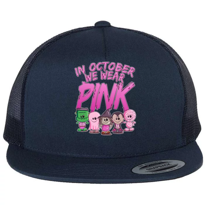 In October We Wear Pink Breast Cancer Halloween Monsters Flat Bill Trucker Hat