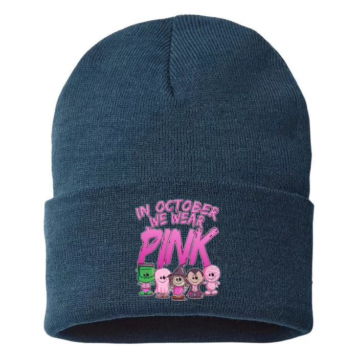 In October We Wear Pink Breast Cancer Halloween Monsters Sustainable Knit Beanie