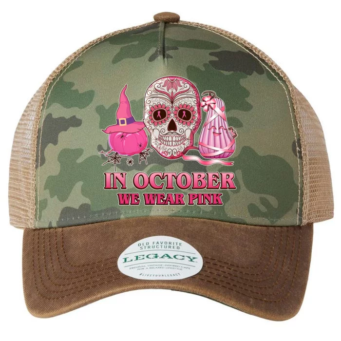 In October We Wear Pink Breast Cancer Halloween Skull Legacy Tie Dye Trucker Hat