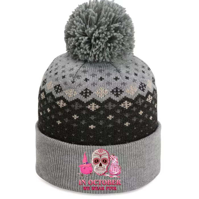 In October We Wear Pink Breast Cancer Halloween Skull The Baniff Cuffed Pom Beanie