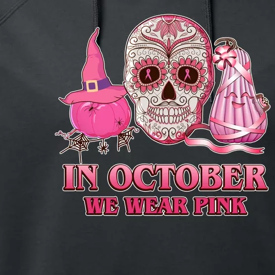 In October We Wear Pink Breast Cancer Halloween Skull Performance Fleece Hoodie