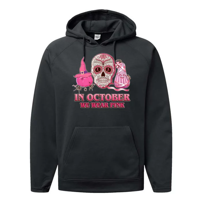 In October We Wear Pink Breast Cancer Halloween Skull Performance Fleece Hoodie