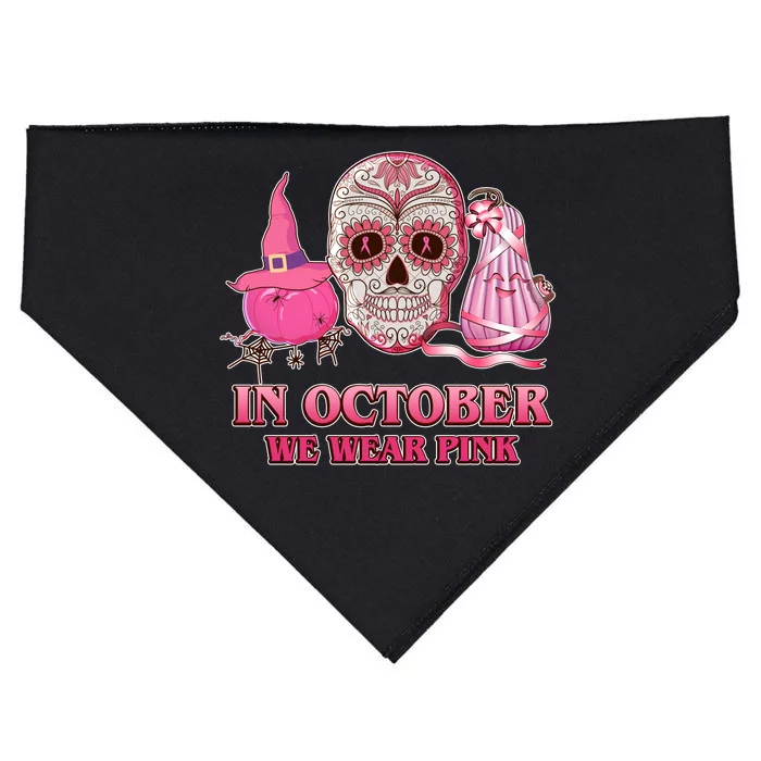 In October We Wear Pink Breast Cancer Halloween Skull USA-Made Doggie Bandana