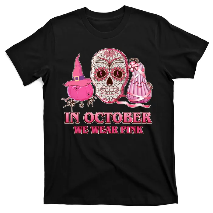 In October We Wear Pink Breast Cancer Halloween Skull T-Shirt