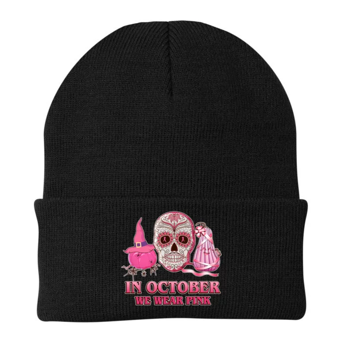 In October We Wear Pink Breast Cancer Halloween Skull Knit Cap Winter Beanie