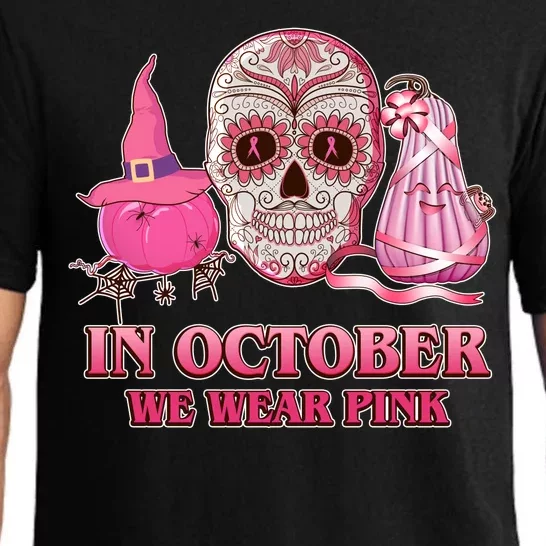 In October We Wear Pink Breast Cancer Halloween Skull Pajama Set