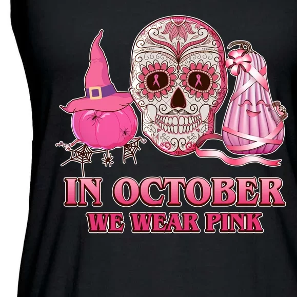 In October We Wear Pink Breast Cancer Halloween Skull Ladies Essential Flowy Tank