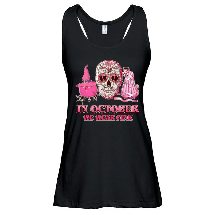 In October We Wear Pink Breast Cancer Halloween Skull Ladies Essential Flowy Tank