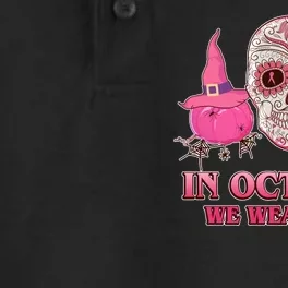 In October We Wear Pink Breast Cancer Halloween Skull Dry Zone Grid Performance Polo