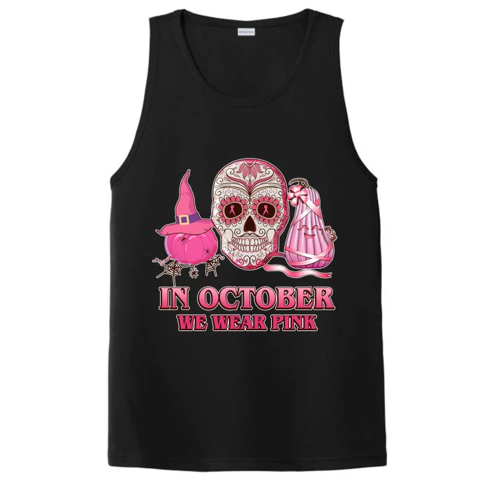 In October We Wear Pink Breast Cancer Halloween Skull Performance Tank