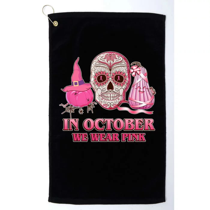 In October We Wear Pink Breast Cancer Halloween Skull Platinum Collection Golf Towel