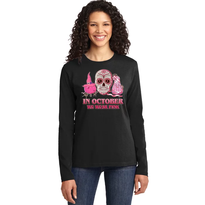 In October We Wear Pink Breast Cancer Halloween Skull Ladies Long Sleeve Shirt