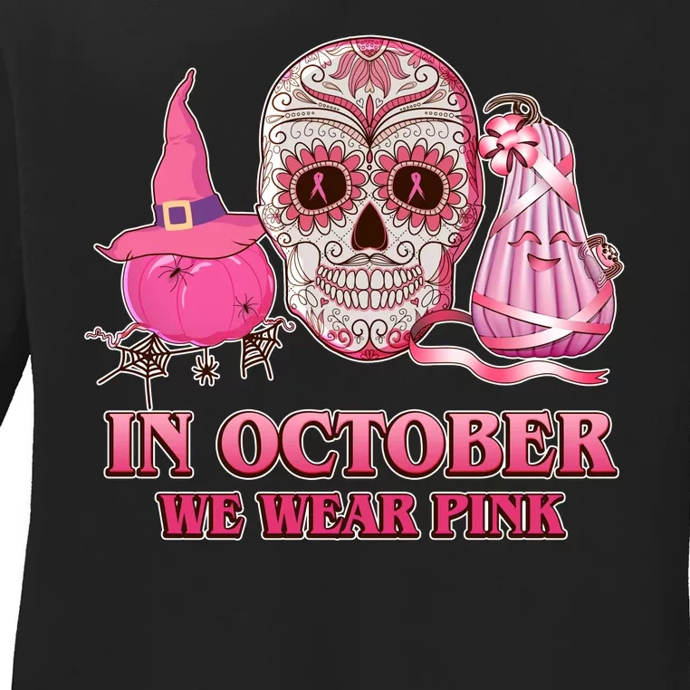 In October We Wear Pink Breast Cancer Halloween Skull Ladies Long Sleeve Shirt