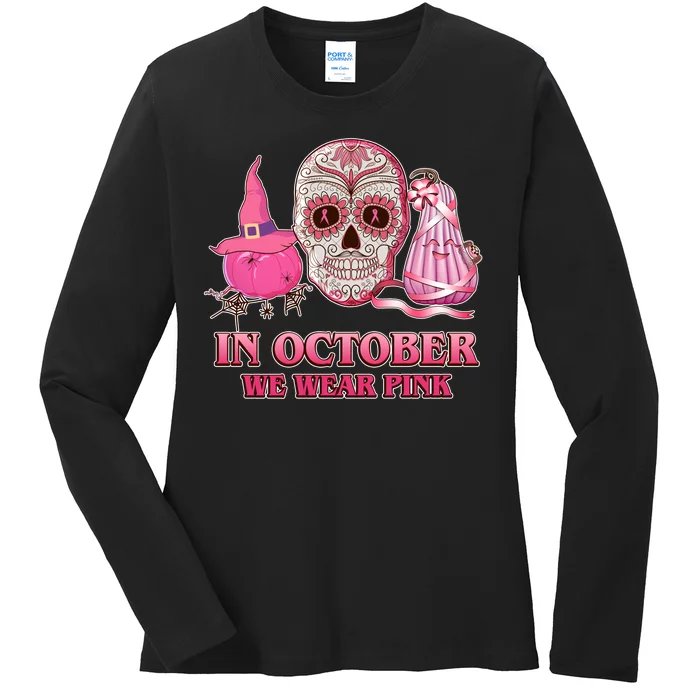 In October We Wear Pink Breast Cancer Halloween Skull Ladies Long Sleeve Shirt