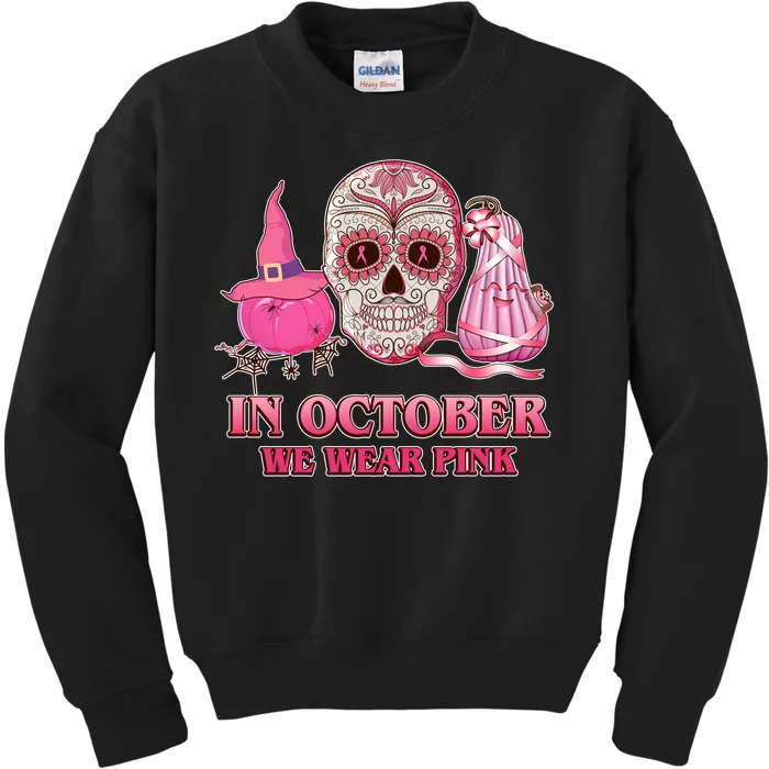 In October We Wear Pink Breast Cancer Halloween Skull Kids Sweatshirt