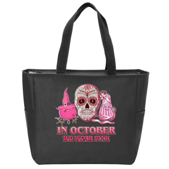 In October We Wear Pink Breast Cancer Halloween Skull Zip Tote Bag