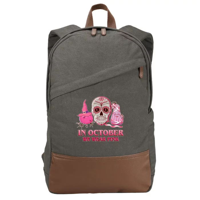 In October We Wear Pink Breast Cancer Halloween Skull Cotton Canvas Backpack