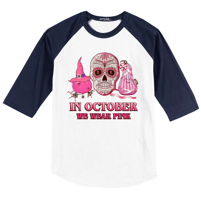 In October We Wear Pink Breast Cancer Halloween Skull Baseball Sleeve Shirt