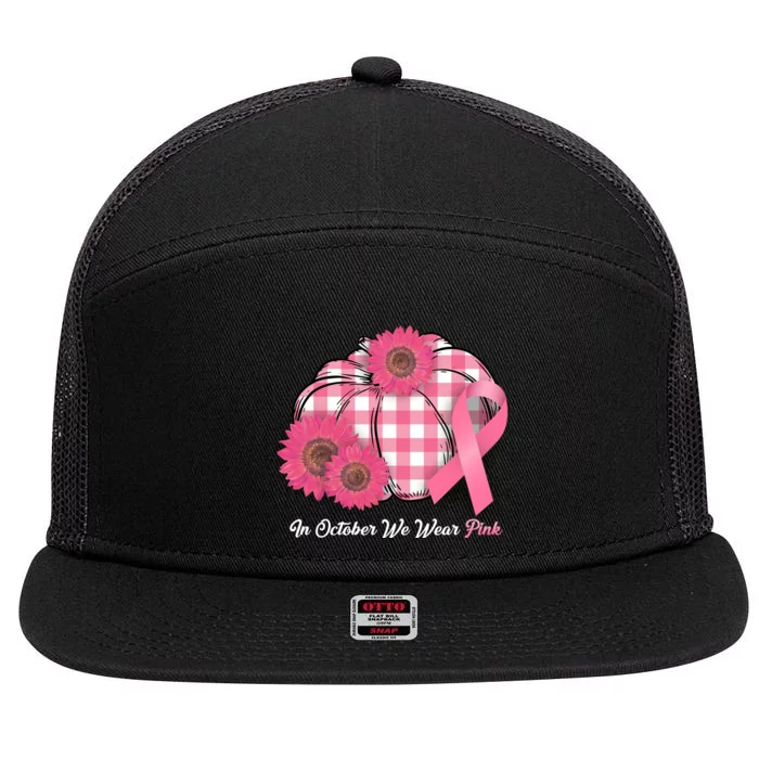 In October We Wear Pink Pumpkin Breast Cancer Plaid 7 Panel Mesh Trucker Snapback Hat