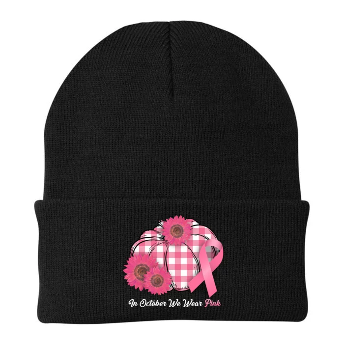 In October We Wear Pink Pumpkin Breast Cancer Plaid Knit Cap Winter Beanie