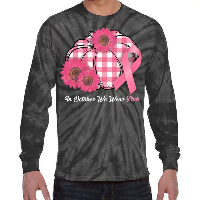 In October We Wear Pink Pumpkin Breast Cancer Plaid Tie-Dye Long Sleeve Shirt