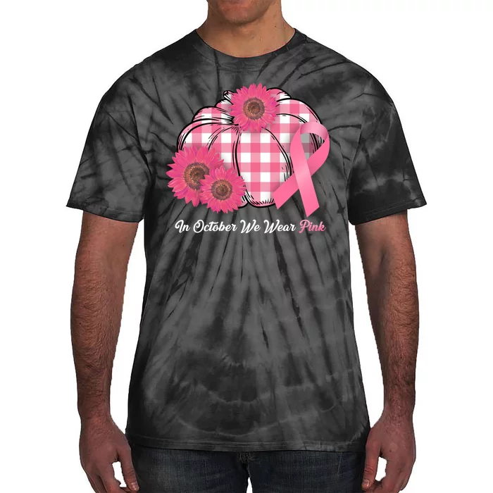 In October We Wear Pink Pumpkin Breast Cancer Plaid Tie-Dye T-Shirt