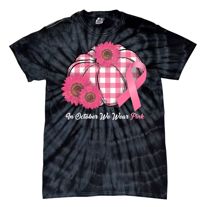 In October We Wear Pink Pumpkin Breast Cancer Plaid Tie-Dye T-Shirt