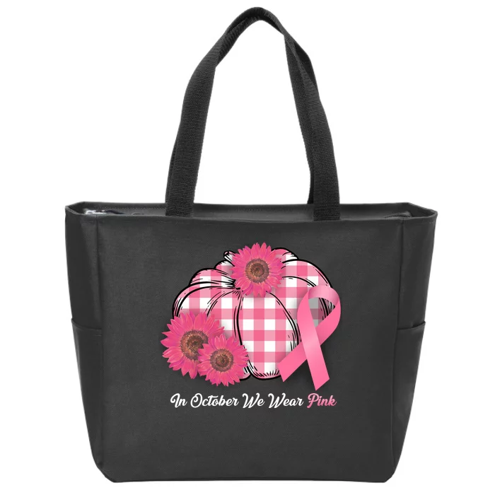 In October We Wear Pink Pumpkin Breast Cancer Plaid Zip Tote Bag