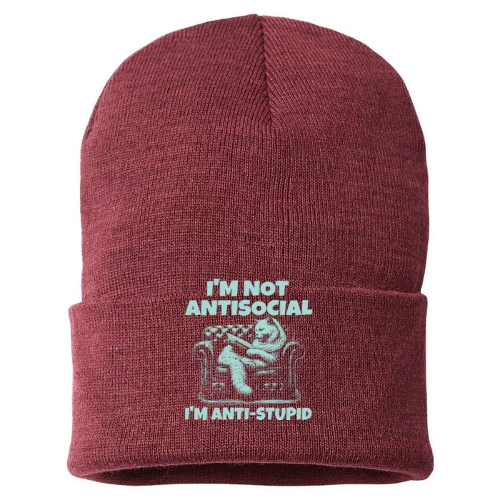 Im Not Antisocial Im Anti Stupid Funny Bored Cat Sustainable Knit Beanie