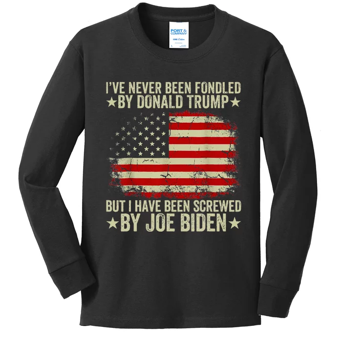 I’Ve Never Been Fondled By Donald Trump But Screwed By Biden Kids Long Sleeve Shirt