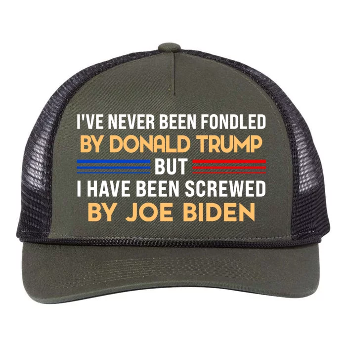 I’ve Never Been Fondled By Donald Trump But Screwed By Biden Retro Rope Trucker Hat Cap