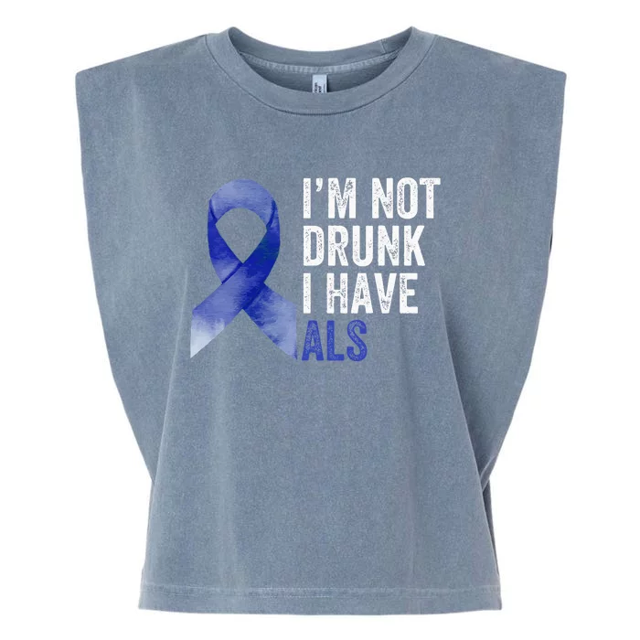 I'm Not Drunk I Have ALS Awareness Costume Blue Ribbon Garment-Dyed Women's Muscle Tee