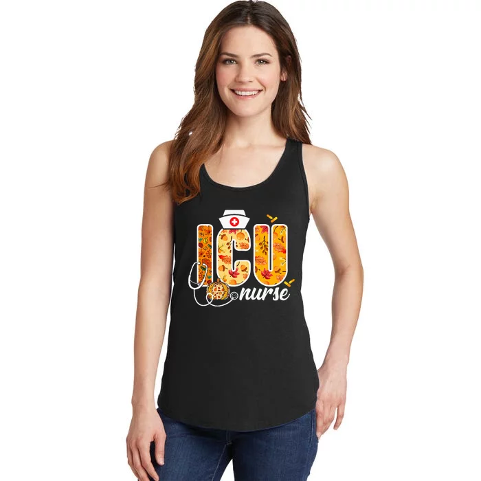 Icu Nurse Fall Autumn Leaves Thanksgiving Healthcare Worker Ladies Essential Tank