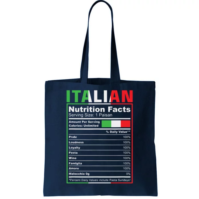 Italian Nutrition Facts Italiano Italy Pride Italian Flag Tote Bag