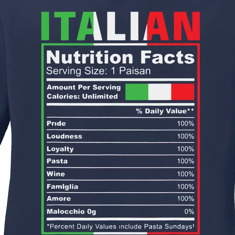 Italian Nutrition Facts Italiano Italy Pride Italian Flag Ladies Long Sleeve Shirt