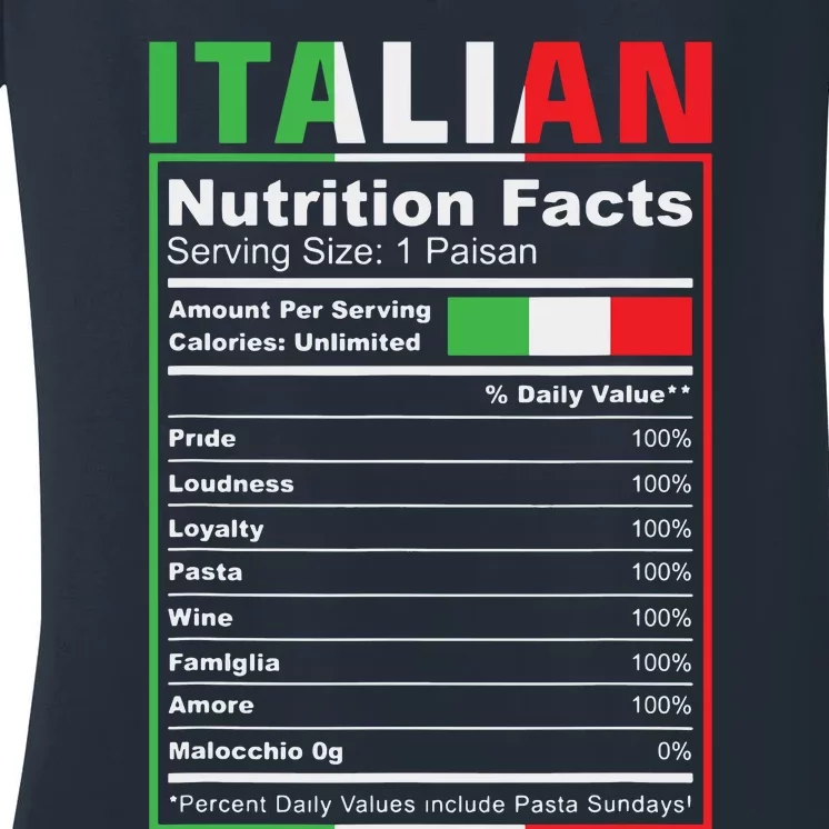 Italian Nutrition Facts Italiano Italy Pride Italian Flag Women's V-Neck T-Shirt